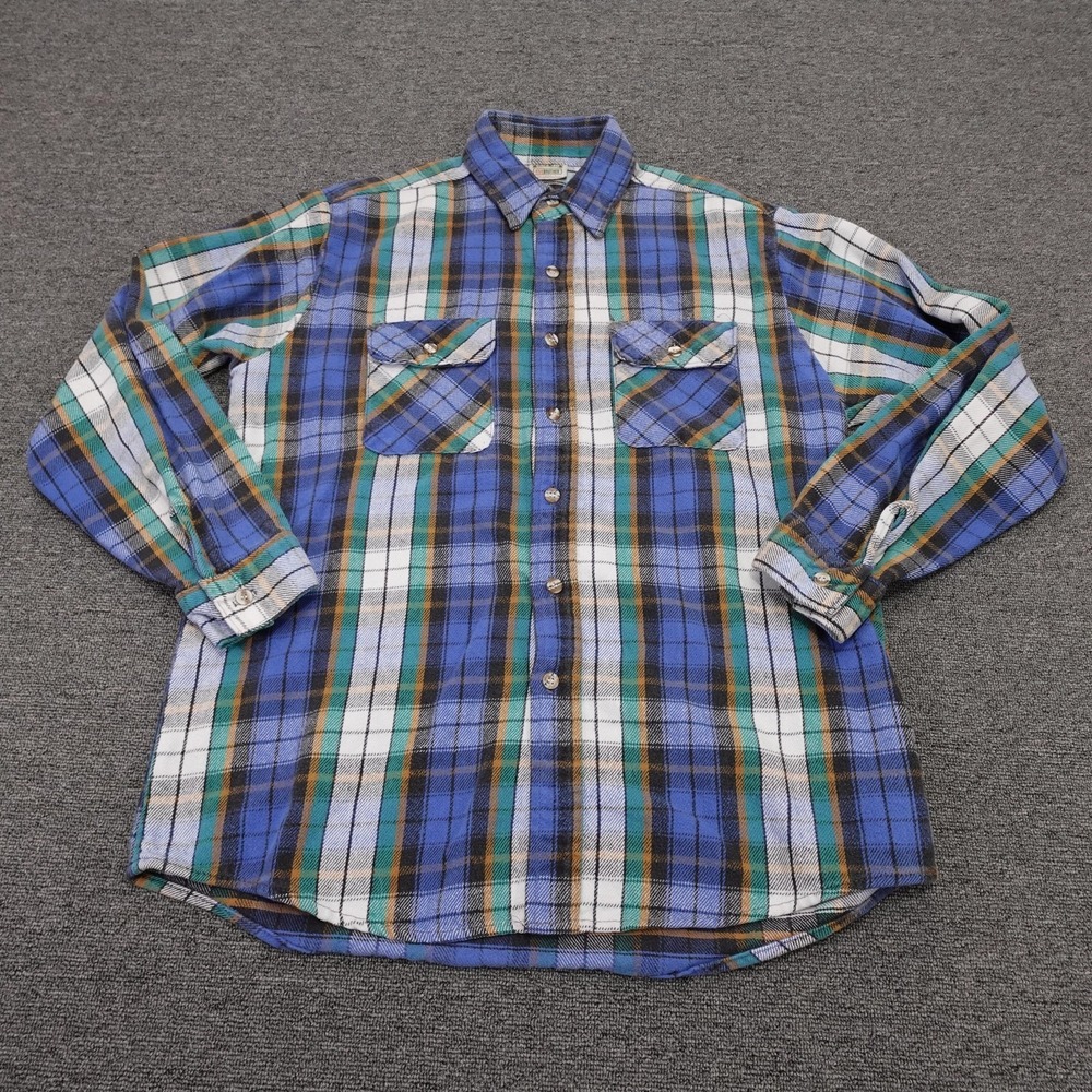 Vintage FIVEBROTHER Shirt Mens LT Blue Plaid Flannel Long Sleeve Button Up